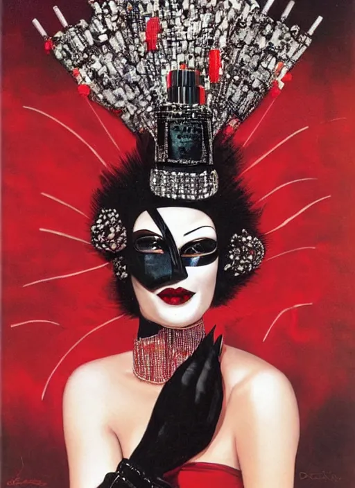 Image similar to an 8 0 s portrait of a woman with dark eye - shadow and red lips with dark slicked back hair, a mask of beads and diamonds hanging from a thin black crown, dreaming acid - fueled hallucinations by serge lutens, rolf armstrong, delphin enjolras, peter elson, red cloth background