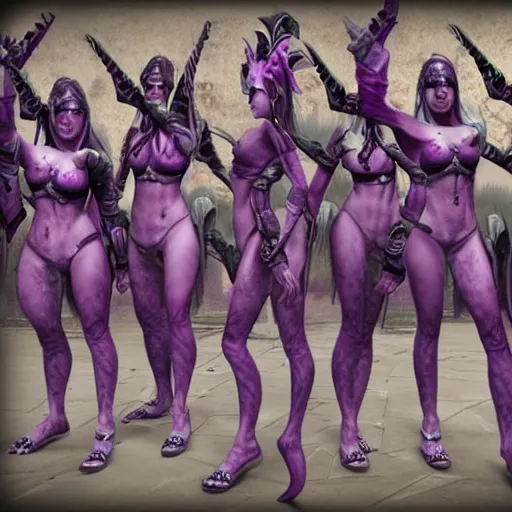 Image similar to Realistic Slaanesh daemonettes from Warhammer in a Total War game, Highly Detailed