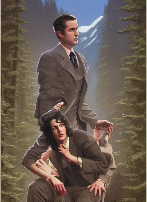 Image similar to twin peaks poster art, by michael whelan, rossetti bouguereau, artgerm, retro, nostalgic, old fashioned, 1 9 8 0 s teen horror novel cover, book, dale cooper, kyle mclaughlin, ryan gosling in letting jacket being eaten by the wendigo