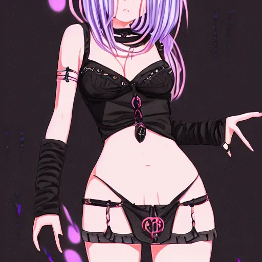 Image similar to goth anime girl in mini skirt and crop top intricate, extremely detailed, digital painting, artstation, concept art, smooth, sharp focus, illustration, intimidating lighting, incredible art,