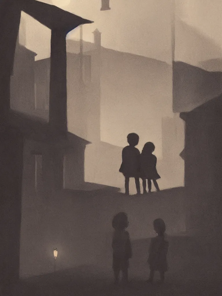 Image similar to two kids posing for a picture at night, dark, backlighting, small village, town square, artwork by edward hopper, james gilleard, zdzislaw beksinski, noir, atmospheric