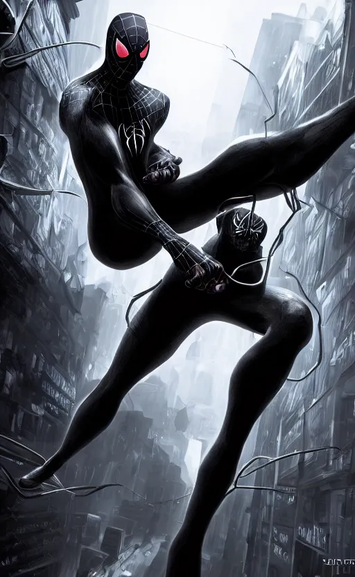 Image similar to epic spiderman noir wallpaper, dynamic lighting, photorealistic fantasy concept art, trending on art station, stunning visuals, creative, cinematic, ultra detailed