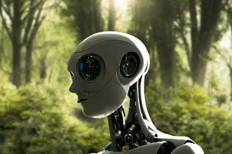 Prompt: photograph of an androgynoid robot in the arboretum of the inter - galactic spaceship, 8 k, beautiful lighting, shallow depth of field, ultra realistic, hyper - detailed, sci - fi movie style, coherent composition,