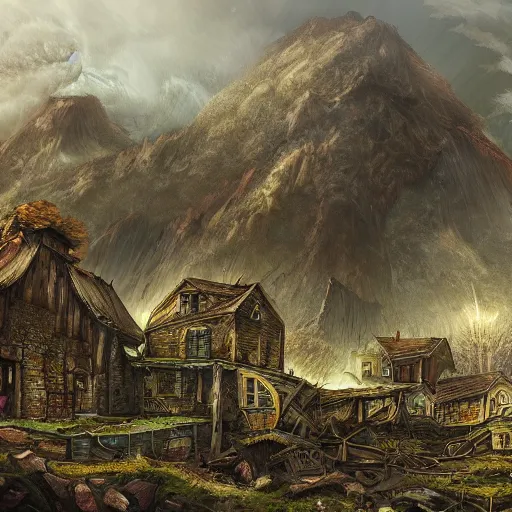 Image similar to a stunning painting of a a ruined village at the end of the world, digital art, hyper-detailed
