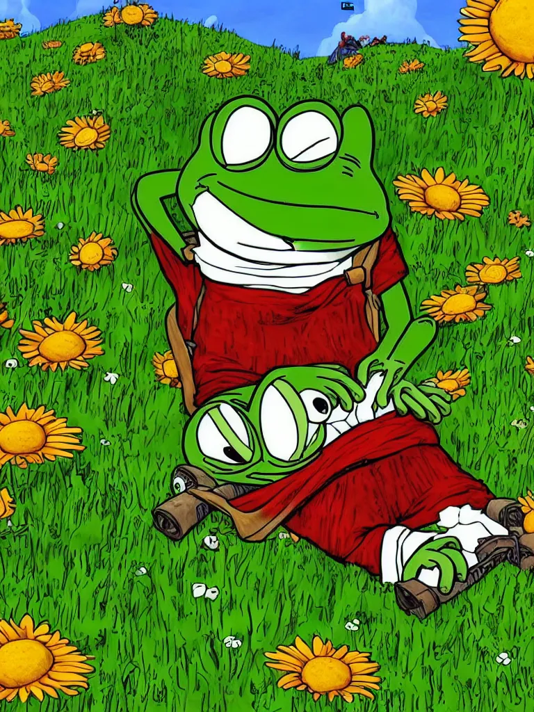 Prompt: resolution 4k hyper realistic film reel of pepe the frog red dead redemption 2 wandering army of pepe the frog a field of flowers a sunny day wholesome soft and warm picnic of breads and fruit sitting on a blanket pepe the frog. the sky is blue and filled with gods love the third rike will rise again hail pepe , rainbows of sweet angels