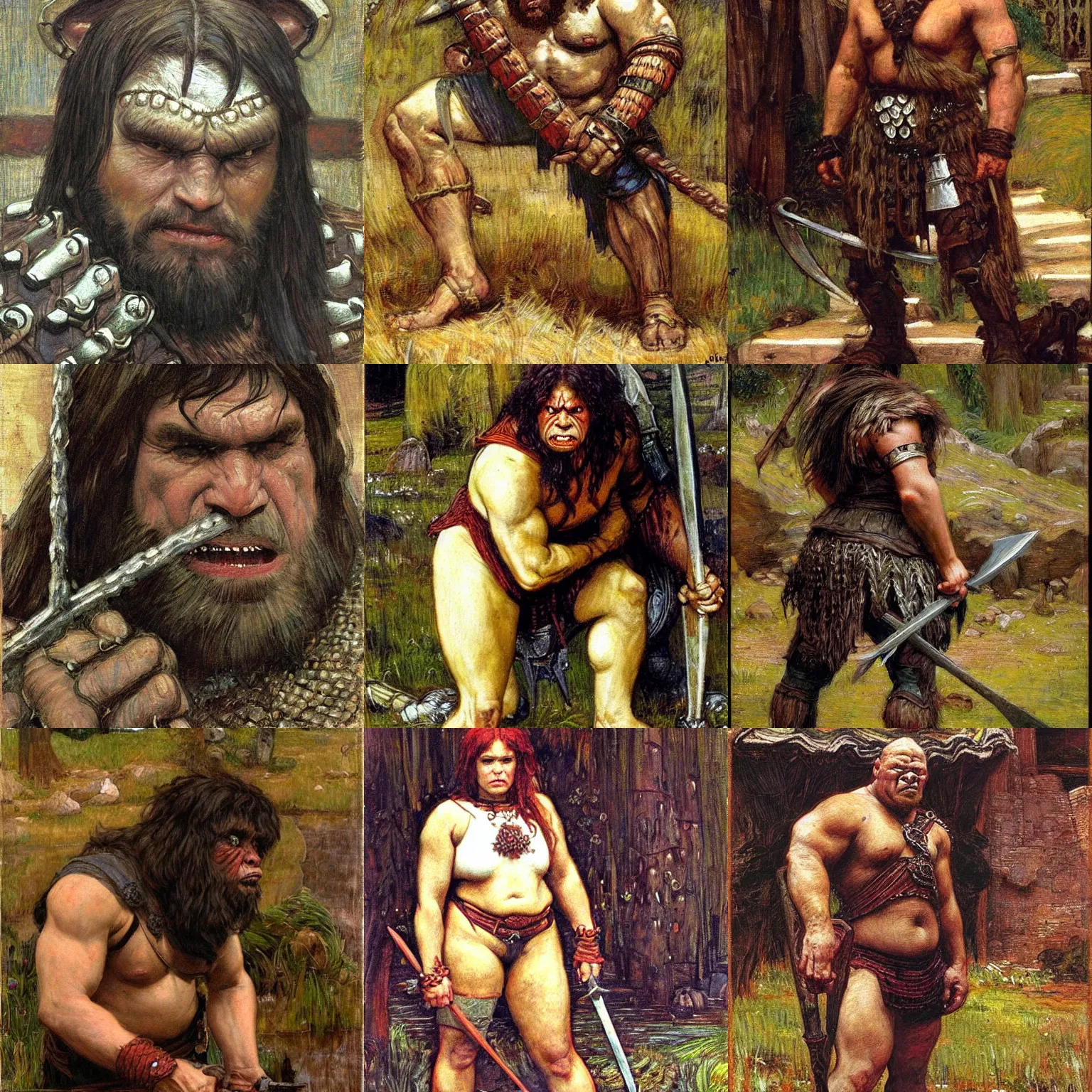 Prompt: orc warrior in chainmail scowling at viewer full body pre - raphaelite in the style of john william waterhouse oil painting