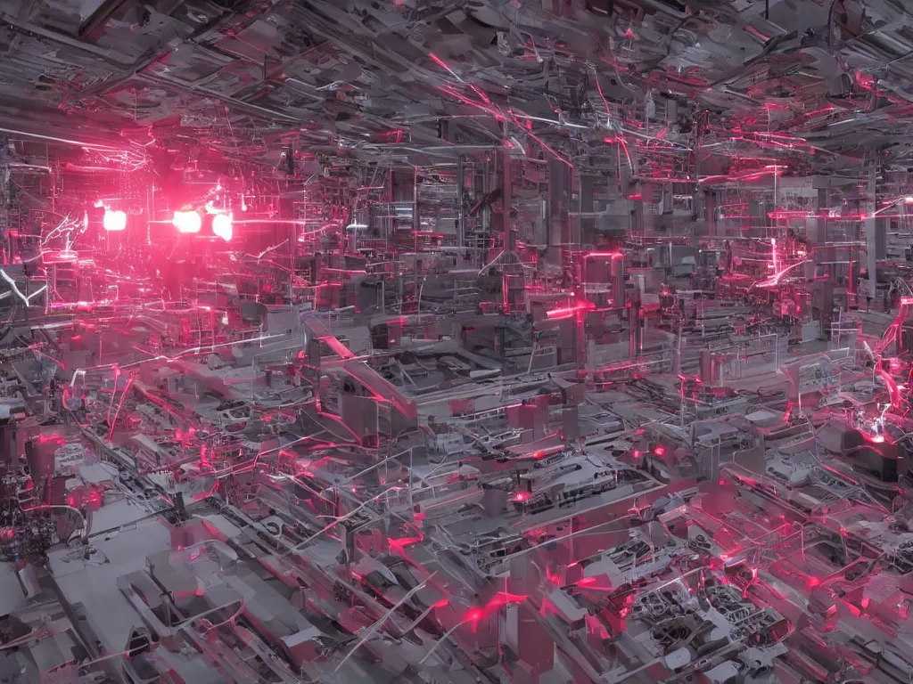 Image similar to Visualization of a typical Autechre song, mechanical, metal, machinery, robots, red lights, 8k