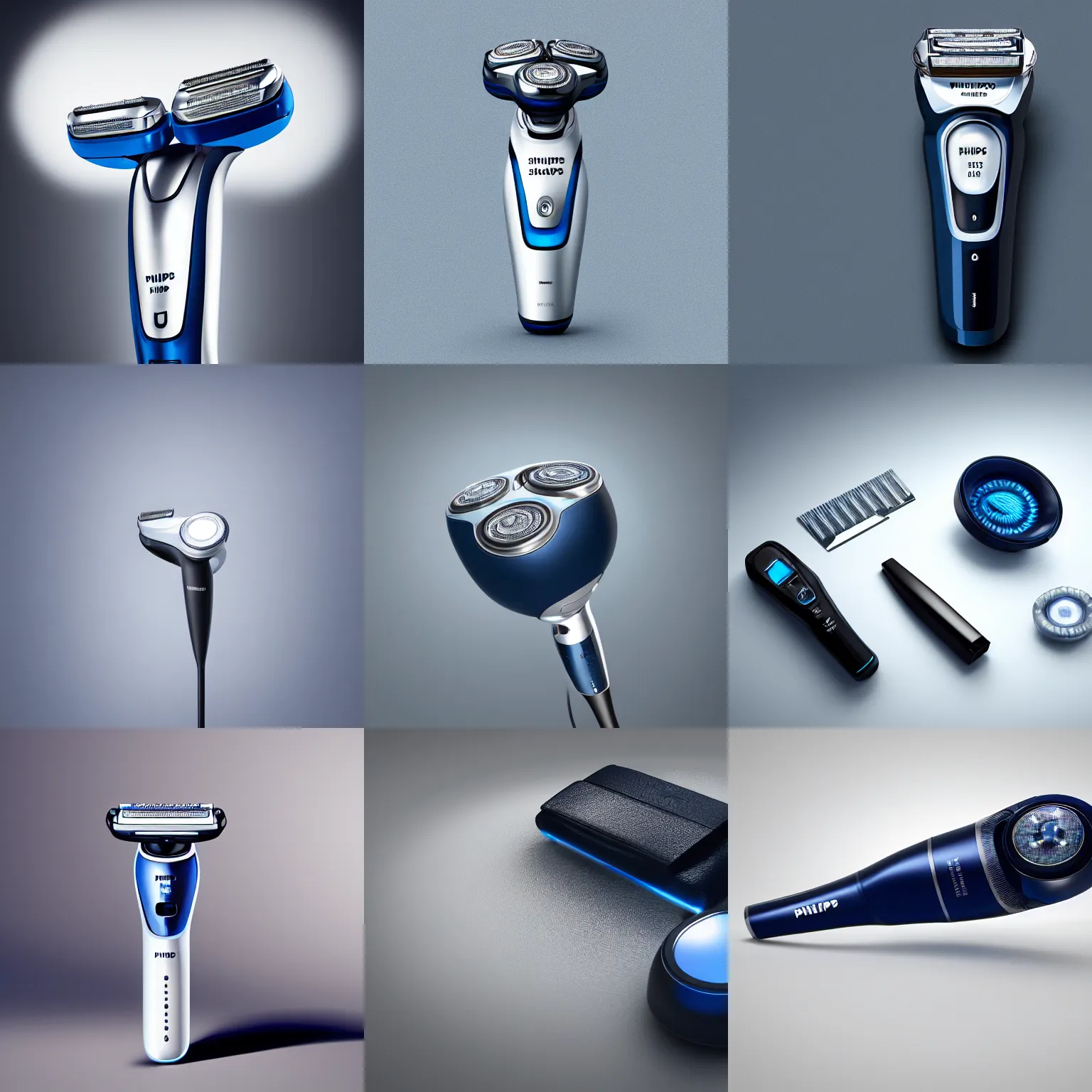 Prompt: philips shaver, studio photo, white backdrop, studio light, solid works, octane render, macro shot, in focus, dept of field, silver, blue, black design