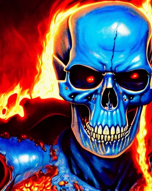 Prompt: blue fiery eyes spawn - terminator skull - ghost rider - hybrid, supervillains, intricate artwork, concept art, eyes octane render, deviant art, cinematic, key art, hyperrealism, iridescent accents, portrait photograph, in hell, nikon 3 5 mm, ridley scott, frank miller, moebius, dan mumford, jim lee