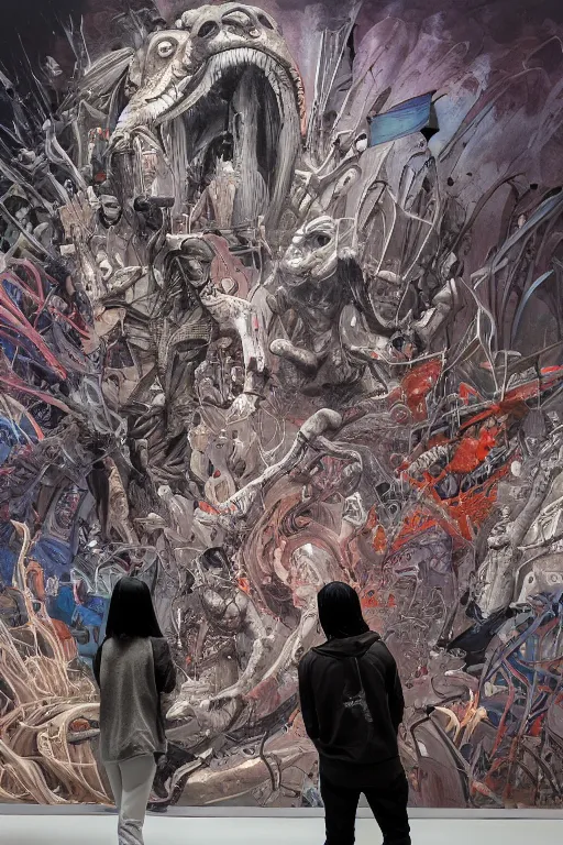 Image similar to people looking at a large graffiti painting in a contemporary museum, dark, intricate, highly detailed, smooth, artstation, digital illustration by moebius and james jean and Artgerm and yoshitaka Amano and Greg Rutkowski and Zdislav Beksinski