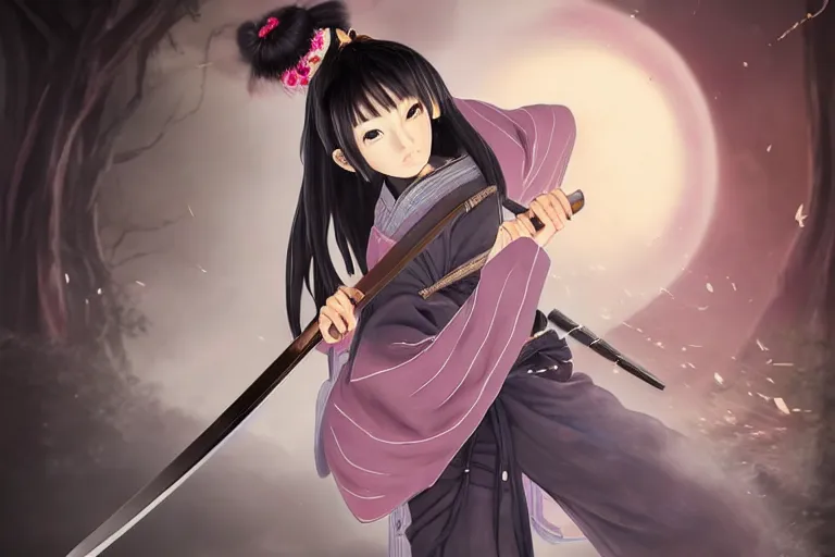 Prompt: highly detailed beautiful photo of a madison beer as a young female samurai. practising sword stances. art style by koyoharu gotouge. symmetrical face, beautiful eyes, realistic, 8 k, award winning photo, pastels colours, action photography, 1 / 1 2 5 shutter speed, sunrise lighting,