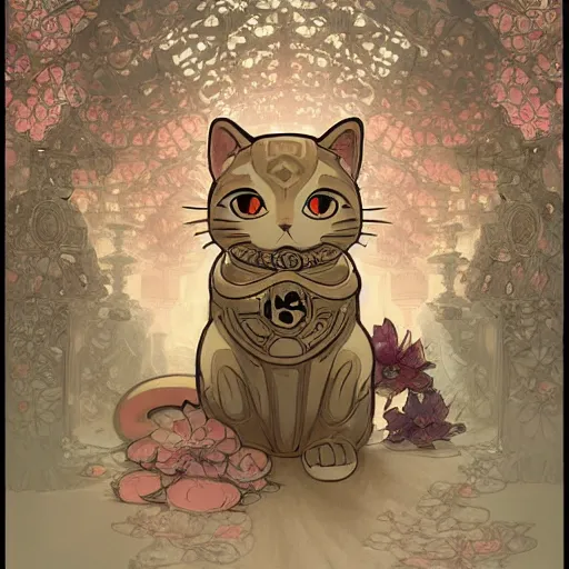 Image similar to A cute maneki neko, flowers around, D&D, fantasy, intricate, cinematic lighting, highly detailed, digital painting, artstation, concept art, smooth, sharp focus, illustration, art by Akihiko Yoshida, Greg Rutkowski and Alphonse Mucha