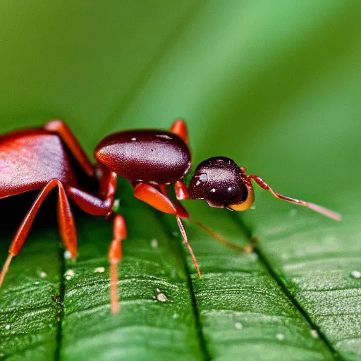 Prompt: cybernetic ant on a green leaf, macro photography, 8 k, cinematic lighting, shallow depth of field,