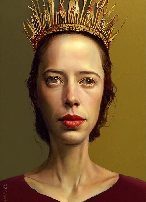 Prompt: rebecca hall portrait wearing golden metal crown by edward hopper and james gilleard, zdzislaw beksinski, highly detailed