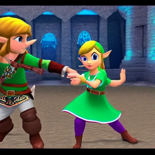 Prompt: zelda dancing salsa with link inside the castle