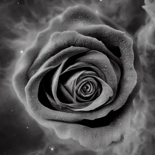 Prompt: award - winning macro of a beautiful black rose made of molten magma and nebulae on black background by georgia o'keeffe, highly detailed, hyper - realistic, inner glow, trending on deviantart, artstation and flickr, nasa space photography, national geographic