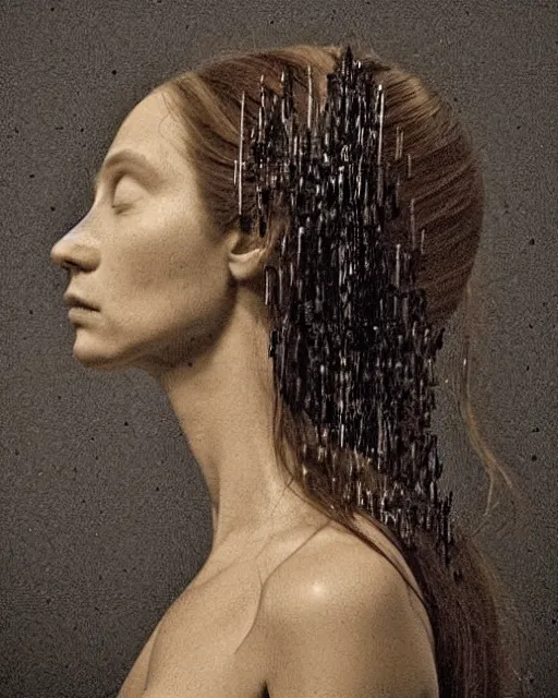 Prompt: a woman's face in profile, long hair made of leaf skeletons, in the style of the Dutch masters and Gregory Crewdson, dark and moody