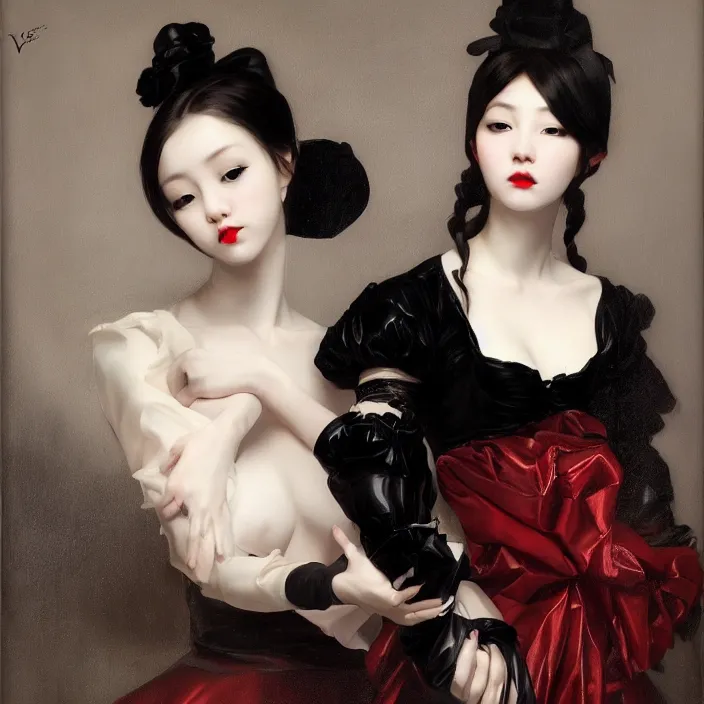 Prompt: elegant korean goth girl, latex, lolita fashion, beautiful, oil painting, sfumato, hyperrealistic, detailed, very smooth, brushwork, sharp focus, mood lighting, concept art, by caravaggio, by vermeer, by rembrandt