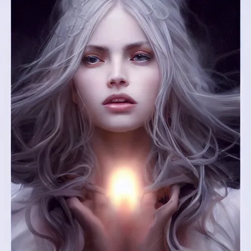 Prompt: an beautiful goddess in a short sleeved white blouse and white long flowing hair, modern, wet skin, shiny, fine art, awesome fantasy book cover on Pinterest, award winning, dark fantasy landscape, fantasy magic, intricate, elegant, sharp focus, cinematic lighting, highly detailed, digital painting, concept art, art by WLOP and Artgerm and Greg Rutkowski, masterpiece, trending on artstation, 8K