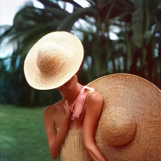 Image similar to A closeup film photography of an Alien wearing straw hat, photo bySlim Aarons, award winning, 4K