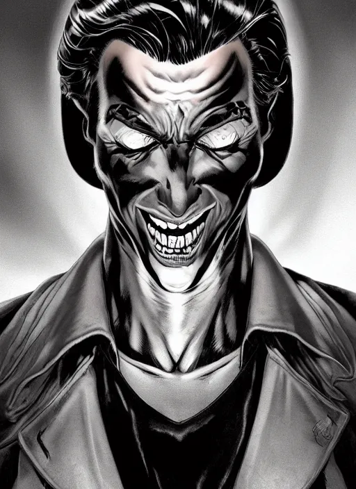 Prompt: aesthetic digital illustration of a handsome young man with a sinister grin by brian bolland, rachel birkett, alex ross, and neal adams | dark, intimidating, imposing, portrait, character concept, concept art, unreal engine, finalrender, centered, deviantart, artgerm