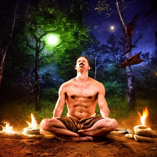 Image similar to spartan doing ayahuasca ritual at camp fire, jungle background, full moon with stars, hyper realistic award winning photographic portrait, dramatic cinematic lighting