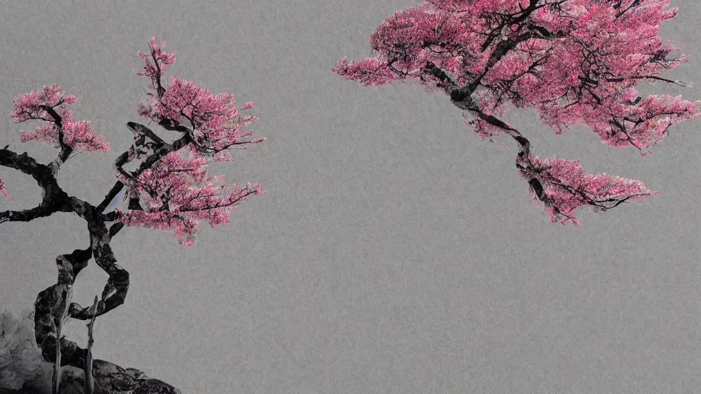 Prompt: mountainside sakura tree with spindly bony branches in winter, japan, a collage painting, in the style of wes anderson, lola dupre, david hockney, isolated on negative white space background dark monochrome neon spraypaint accents volumetric octane render