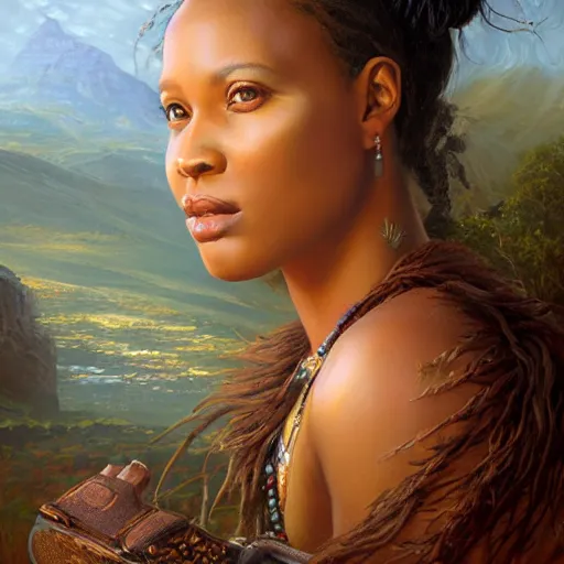 Image similar to portrait of an south african woman ( 3 5 ) from south africa in 2 0 2 1, an oil painting by ross tran and thomas kincade