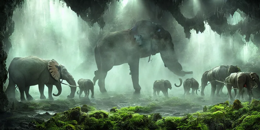 Image similar to herd of magnificent mechanical steampunk elephants looking eerily into a cave entrance with lush vegetation and mystical (((glowing algae))) in the dawn, light coming through from holes in the ceiling, waterfalls, desaturated, creepy ambiance, dangerous, sharp focus, highly detailed, artgerm