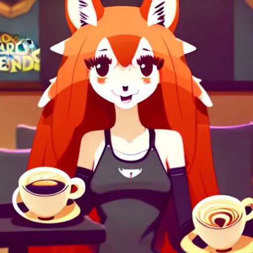 Prompt: a cute anthropomorphic maned wolf girl having a nice cup of coffee at the quiet and cheery local place. league of legends splash art