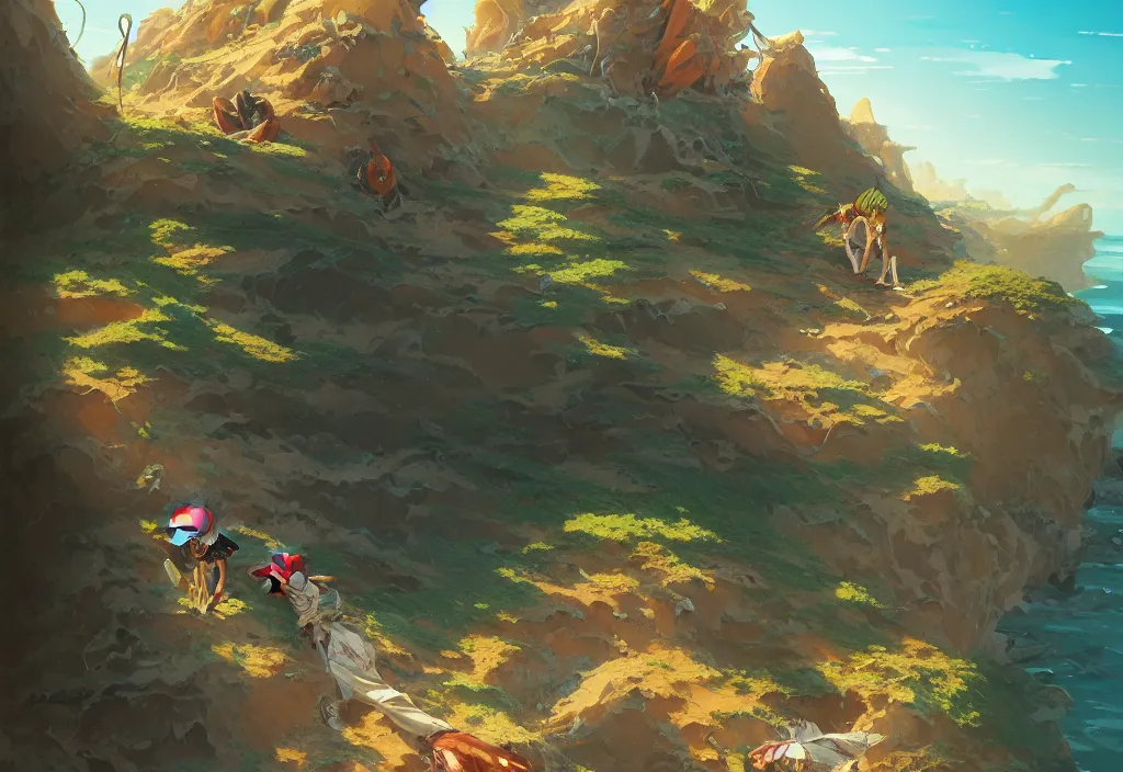 Prompt: sandfalls from a cliff, rocks, bones, old tv screens, car parts, intricate oil painting, high detail illustration, sharp high detail, manga and anime 1 9 9 9, official fanart behance hd artstation by jesper ejsing and makoto shinkai, 4 k,