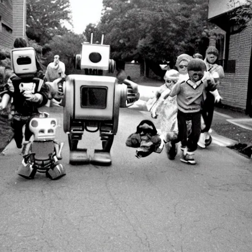 Image similar to in the style of 1960s, A scary robot is chasing after a bunch of scared kids down the street, fully detailed , fully detailed kids faces in focus