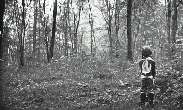 Image similar to kid looking at camera in forest at night, far away from camera, 70s photo, out of focus, motion blur, cctv footage, horror movie, horror lighting, blair witch project, old photo