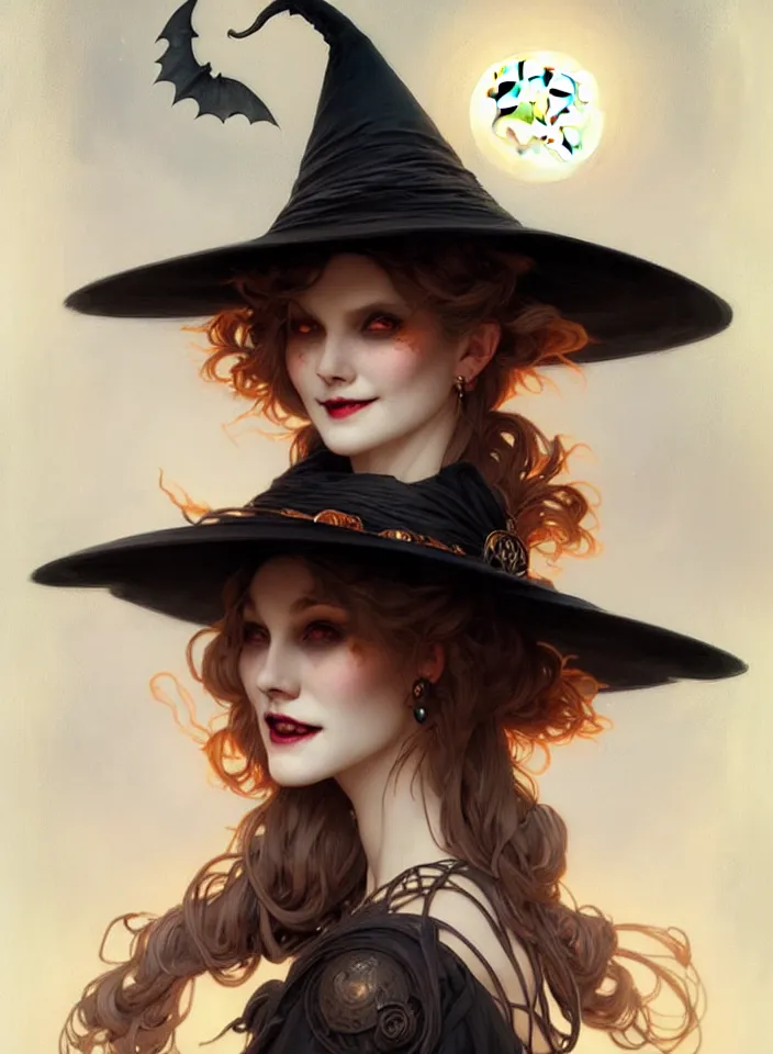 Image similar to halloween witch woman in a hat smiles, fantasy magic, undercut hairstyle, dark light night, intricate, elegant, sharp focus, illustration, highly detailed, digital painting, concept art, matte, art by wlop and artgerm and greg rutkowski and alphonse mucha, masterpiece