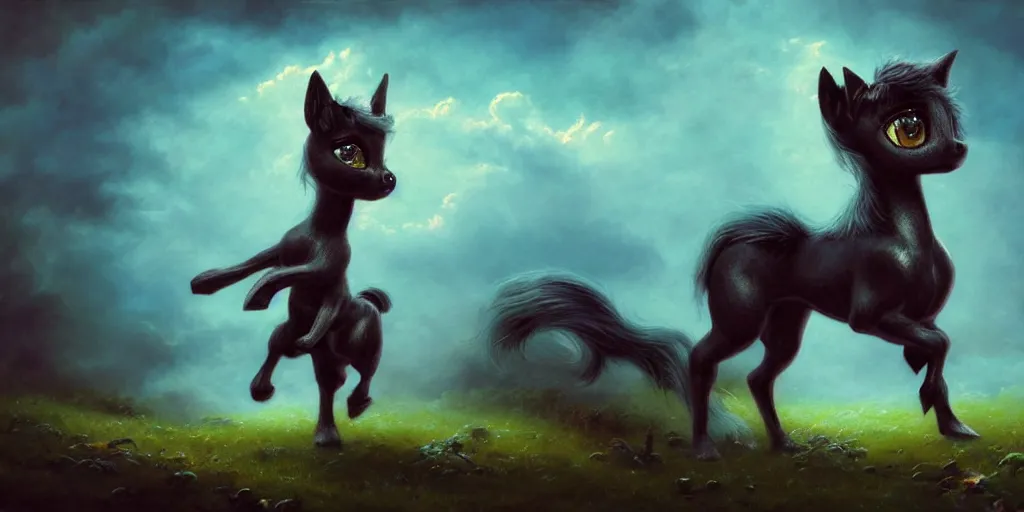 Prompt: 3 d littlest pet shop horse, gothic antique theme, realistic fur, teal, shadow, clouds, dullahan, celtic, intricate accessories, master painter and art style of noel coypel, art of emile eisman - semenowsky, art of edouard bisson