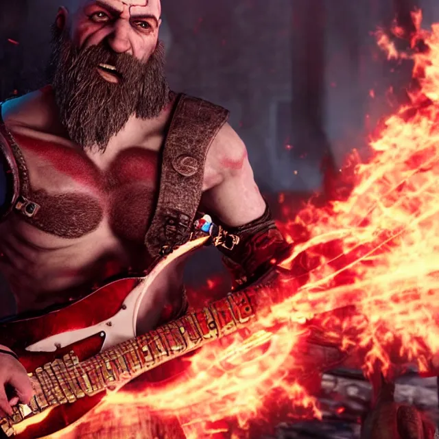 Image similar to kratos rocking out on a flaming stratocaster guitar, cinematic render, god of war 2 0 1 8, playstation studios official media