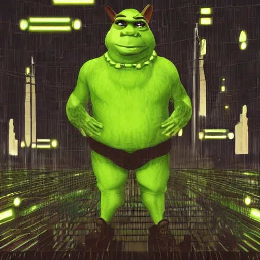 prompthunt: funny shrek with cyberpunk glasses, meme