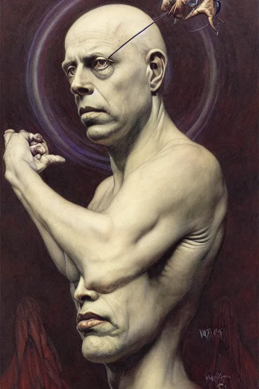Prompt: a portrait of aliester crowley by wayne barlowe, by gustav moreau, by goward, by gaston bussiere, by roberto ferri, by waterhouse, by santiago caruso, by luis ricardo falero, by austin osman spare, ( ( ( ( occult art ) ) ) ) saturno butto