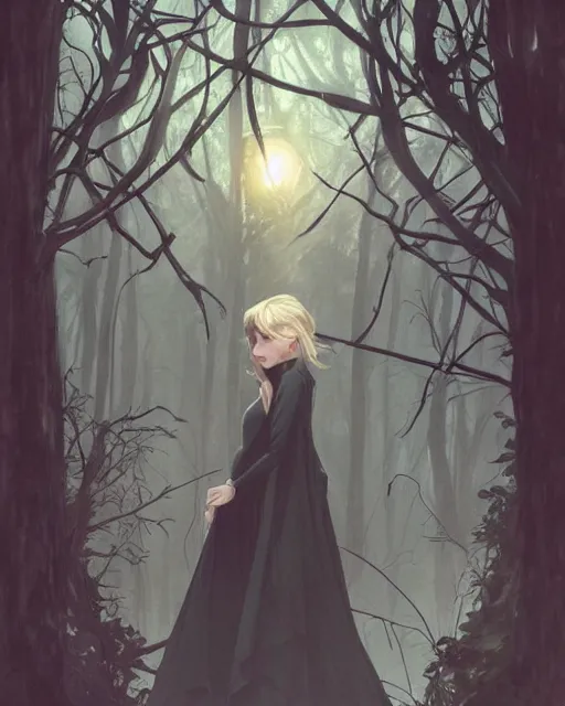 Prompt: elsa, winter, somber, sad, black dress, low light, foggy at dawn, sunlight visible through tree leaves, misty, magic, atmospheric art by artgerm and greg rutkowski and alphonse mucha and by artgerm, by studio muti, greg rutkowski makoto shinkai takashi takeuchi,