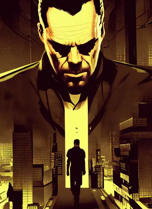 Image similar to poster artwork by Michael Whelan and Tomer Hanuka, a portrait of Max Payne in Deus Ex Human Revolution, clean