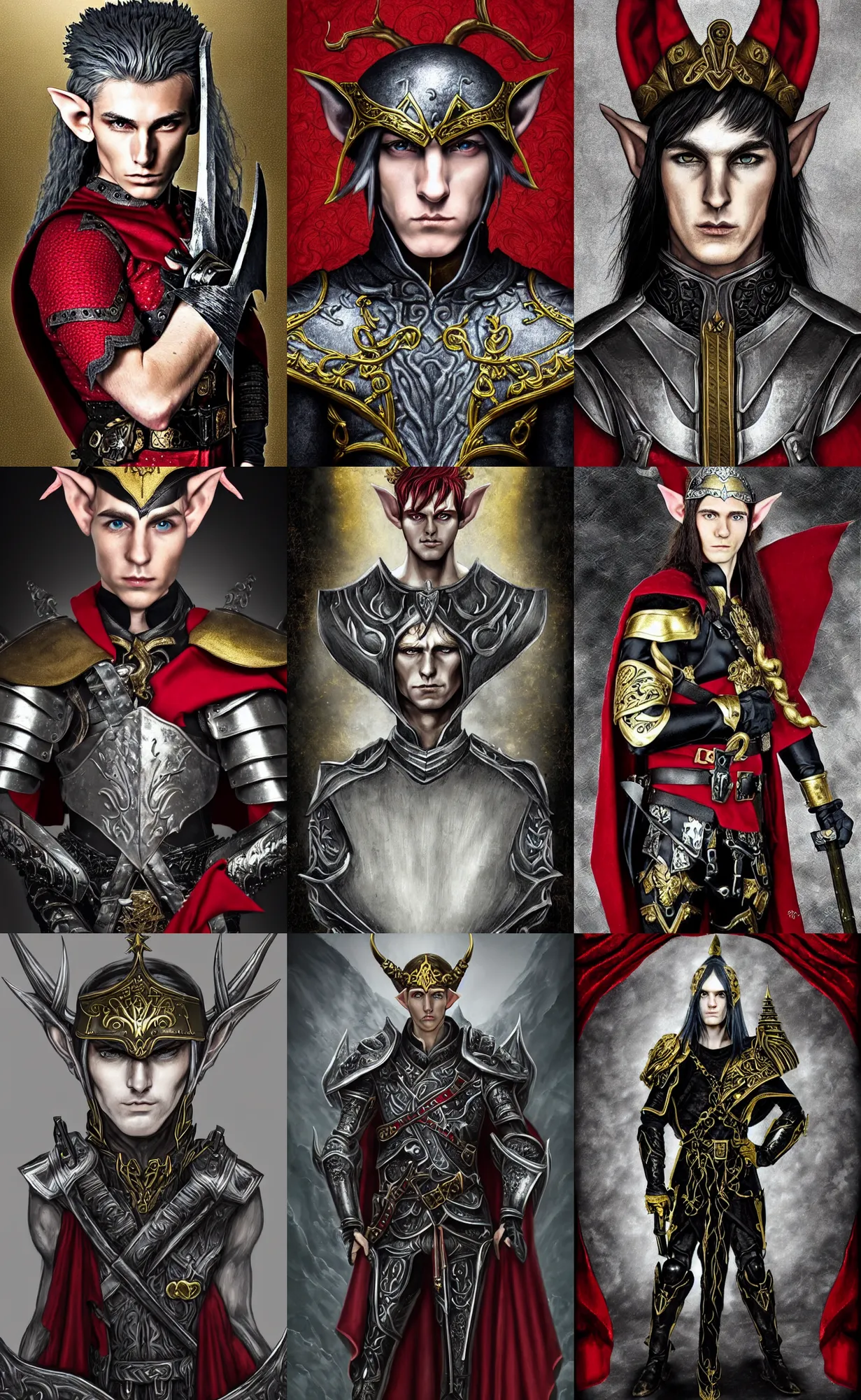 Prompt: A portrait of an elf, he is about 20 years old, he has short silver hair and red piercing eyes, he is lean but muscular, attractive, military composure, royalty, smug look, he is wearing a black metal tiara!!!, black heavy armor with gold plating!!!, and a red cape!!! | highly detailed portrait, digital painting, concept art, illustration, smooth, sharp focus, ArtStation, ArtStation HQ