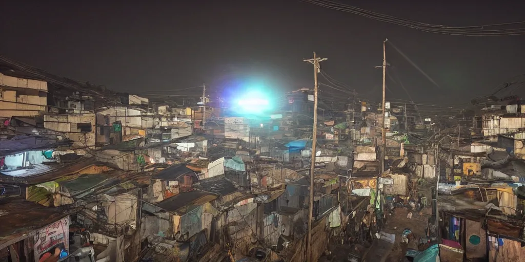 Image similar to UFO seen during night time in Ajegunle slums of lagos - beaming neon ray of light,