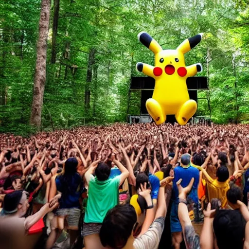 Prompt: photo of a group of people worshipping a giant pikachu in a forest