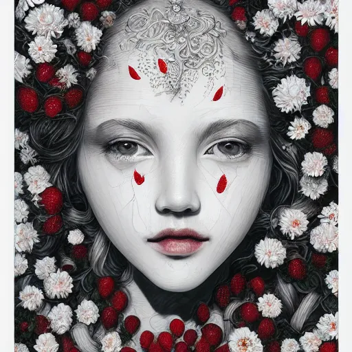 Prompt: the portrait of an absurdly beautiful, graceful, elegant, chaste, young woman made of strawberries and white petals looking up, an ultrafine detailed illustration by kim jung gi, irakli nadar, intricate linework, bright colors, octopath traveler, final fantasy, angular, unreal engine 5 highly rendered, global illumination, radiant light, detailed and intricate environment