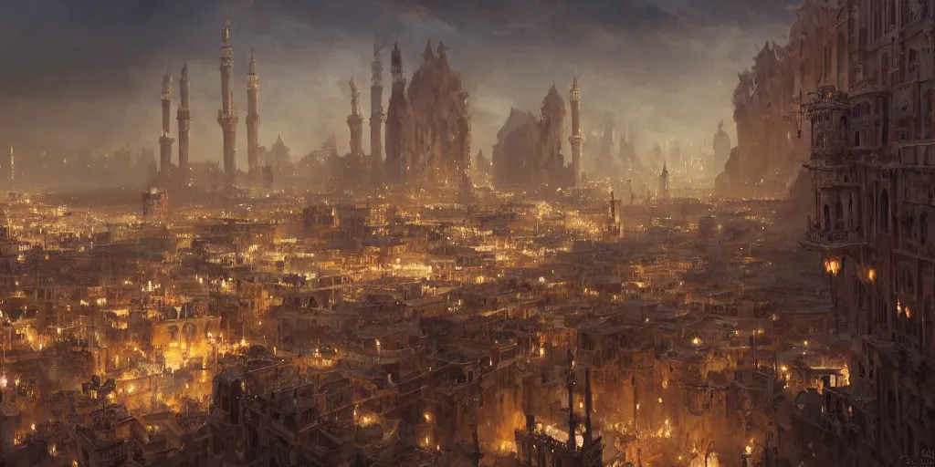 Prompt: rich goledn arabian city, by joe dever, lone wolf, drapes, temple, town hall, traps, painted by greg rutkowski
