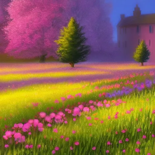 Prompt: flower meadow inspired by Evgeny Lushpin,spring, cinematic