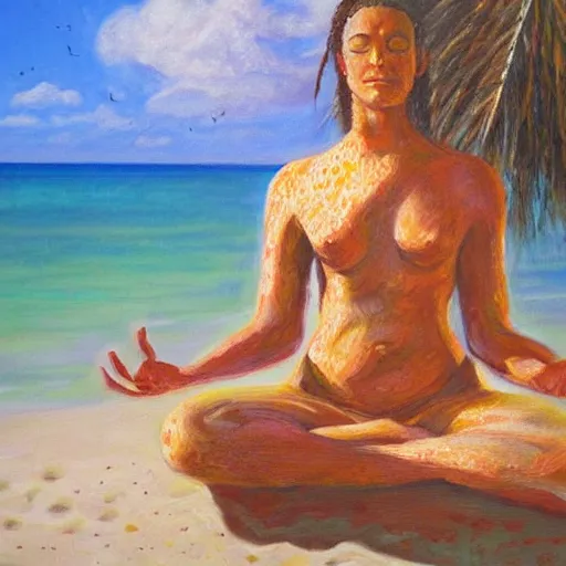 Image similar to freckled woman meditating on beach in caribbean, high detailed, clear, oil on canvas