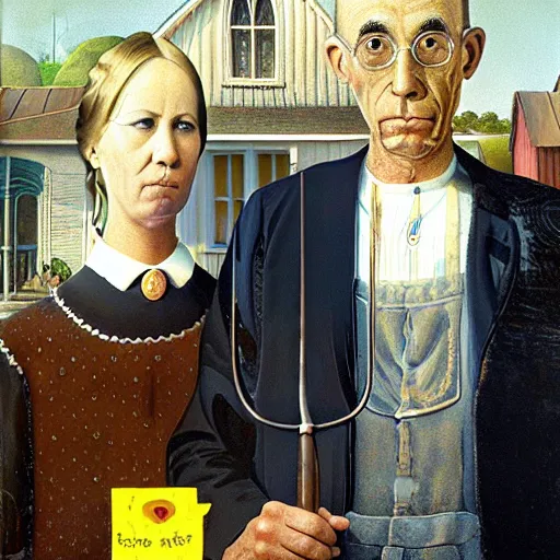 Prompt: the 'american gothic' painting, they have wild haircuts