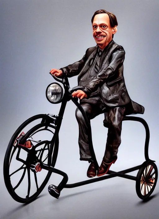 Image similar to hyperrealism steve buscemi riding a tricycle, light effect, hyper detailed, claymation, cartoon, detailed, realistic materials, sharp focus