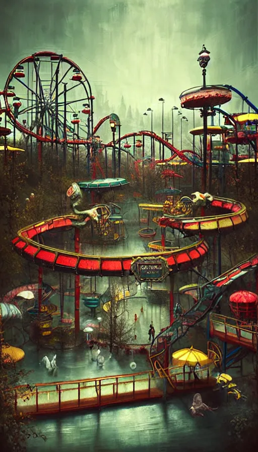 Image similar to michal karcz grunge painting of an amusement park. , monster theme, detailed, elegant, intricate, 4k,